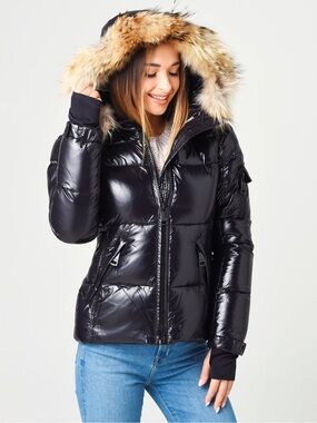 SAM. New York Girl’s Black Shiny Puffer Jacket with Fur-Trim Hood size 14 or 12